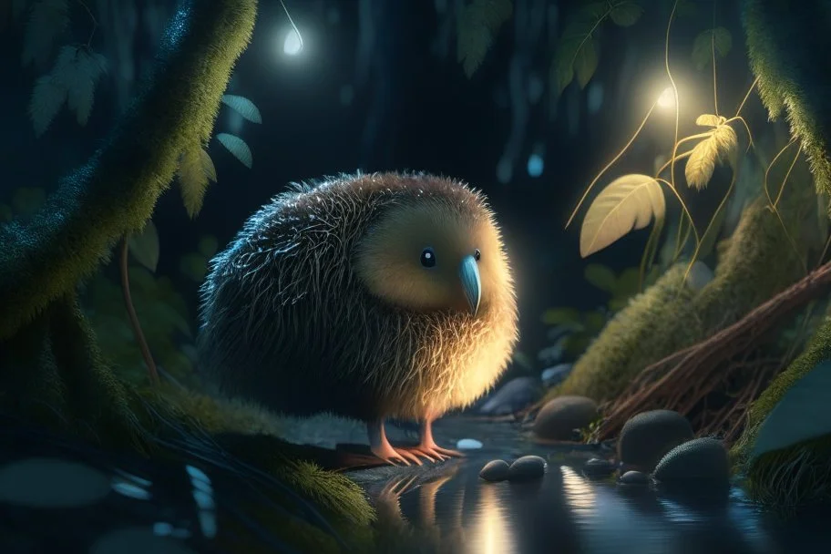 cute kiwi with thick fur in moonlit forest by stream, book illustration, fine detail, 4k, trending, volumetric light, depth of field