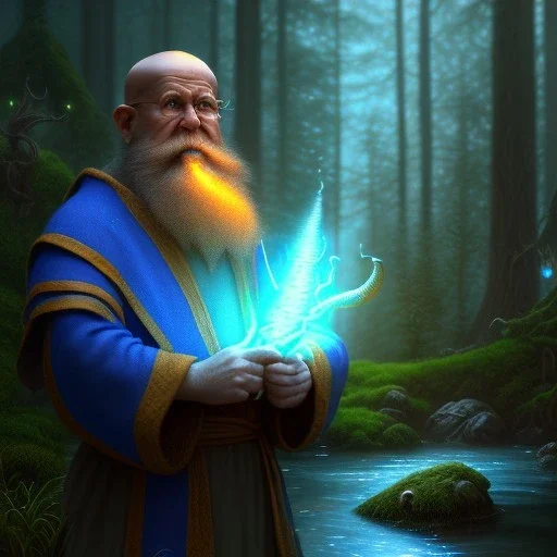 medium close up of blue robed water monk with long beard, megalith, candle light, torches, Dark fantasy concept art, dynamic lighting, Intricately detailed, Splash screen art, deep color, Unreal Engine, volumetric lighting, blue flowers, moss, leather, creek, flowing water, fantasy dark forest artwork,back light