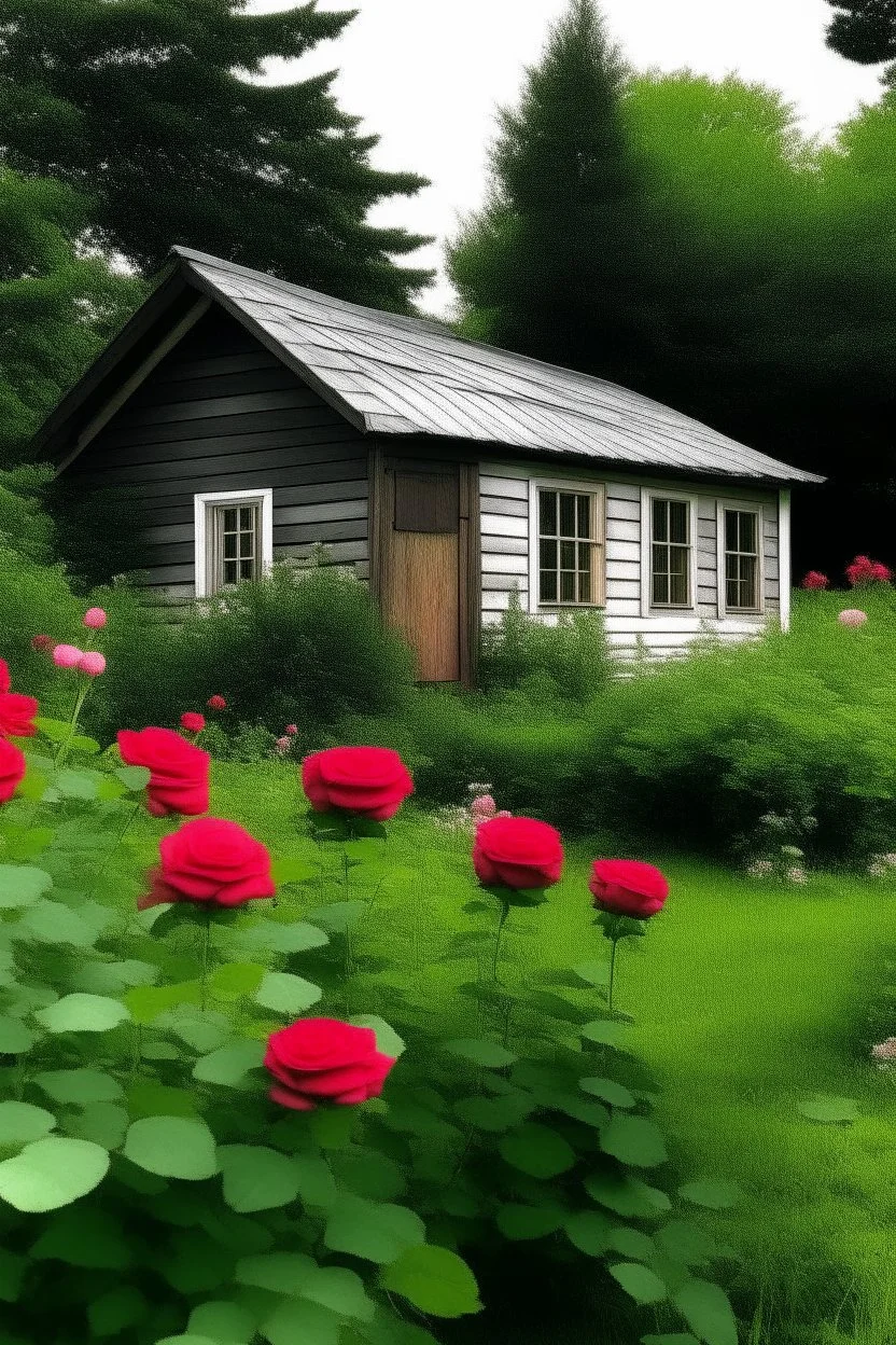 A cabin in the summer surrounded by rose bushes