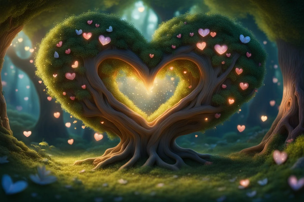 Loveheart-shaped_tree, fairies_living_freely_inside_the_tree's_heart, small _fairy_village_lit_by_fireflies, insanely_detailed, photorealistic, beautiful_light_and_shadows, peaceful, a_magical_fairytale Modifiers: Nikon D850 digital painting elegant dof extremely detailed Award winning photography fantasy studio lighting intricate 8k oil on canvas cinematic lighting photorealistic dynamic lighting award winning fantastic view close up hyperrealistic ultra detailed 4K 3D crisp quality Unreal Engi