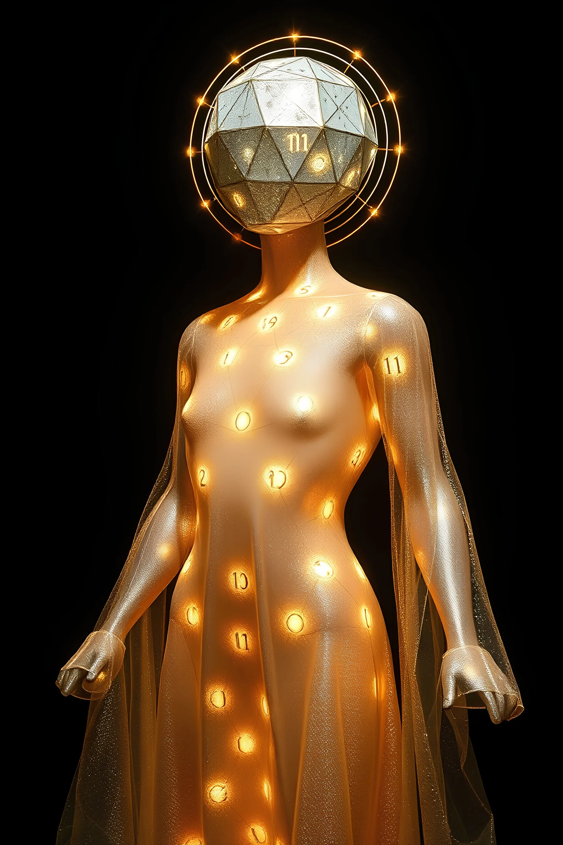 The Gematrian Body appears as a humanoid figure, made of interlocking polygons & spheres that pulse with a soft, ethereal light. Each geometric shape is inscribed with a different numerical value. The body's surface is constantly shifting and changing, as the numbers and letters rearrange themselves. The Body is adorned with a robe made of shimmering, translucent fabric, woven from the very threads of light. The fabric is embroidered with patterns of numerical sequences and sacred geometries.