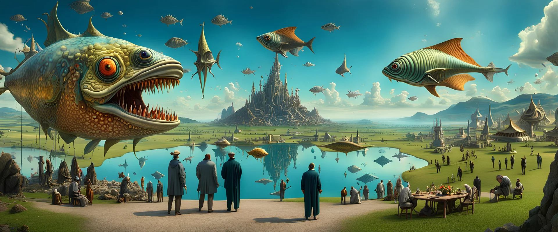 Mr Salvador Dali and Mr Hieronymus Bosch talking to each other at an outdoor surrealist market. A herd of dream-like sky-fish swim high in the far distance, with a beautiful surreal outdoor countryside summer scene with hills, waterfalls, and an intricate fractal sky, very high detail, photorealistic, epic cinematic, 8K, Large depth of field