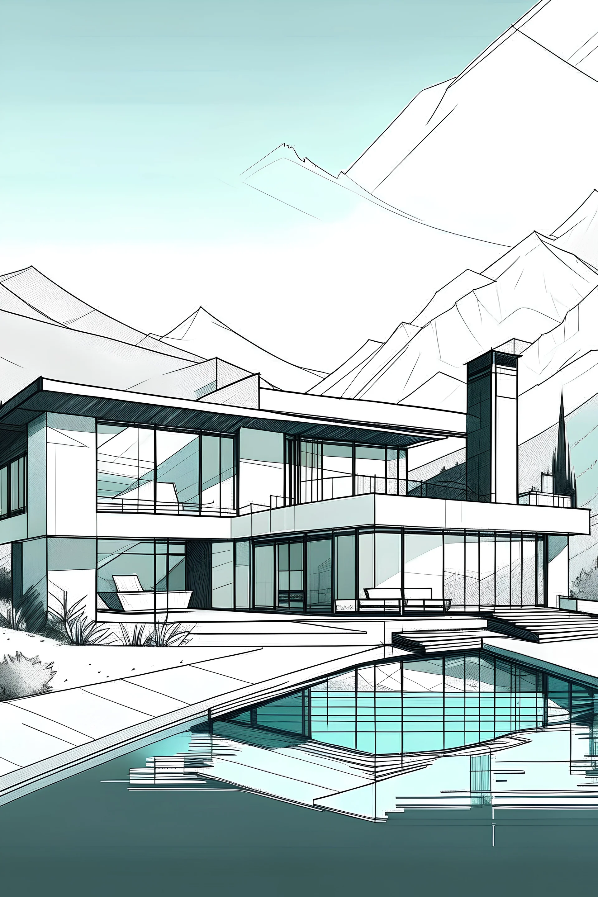 Buatkan gambar desain rumah minimalis modern, ada faman, kolam renang dan ada view gunung