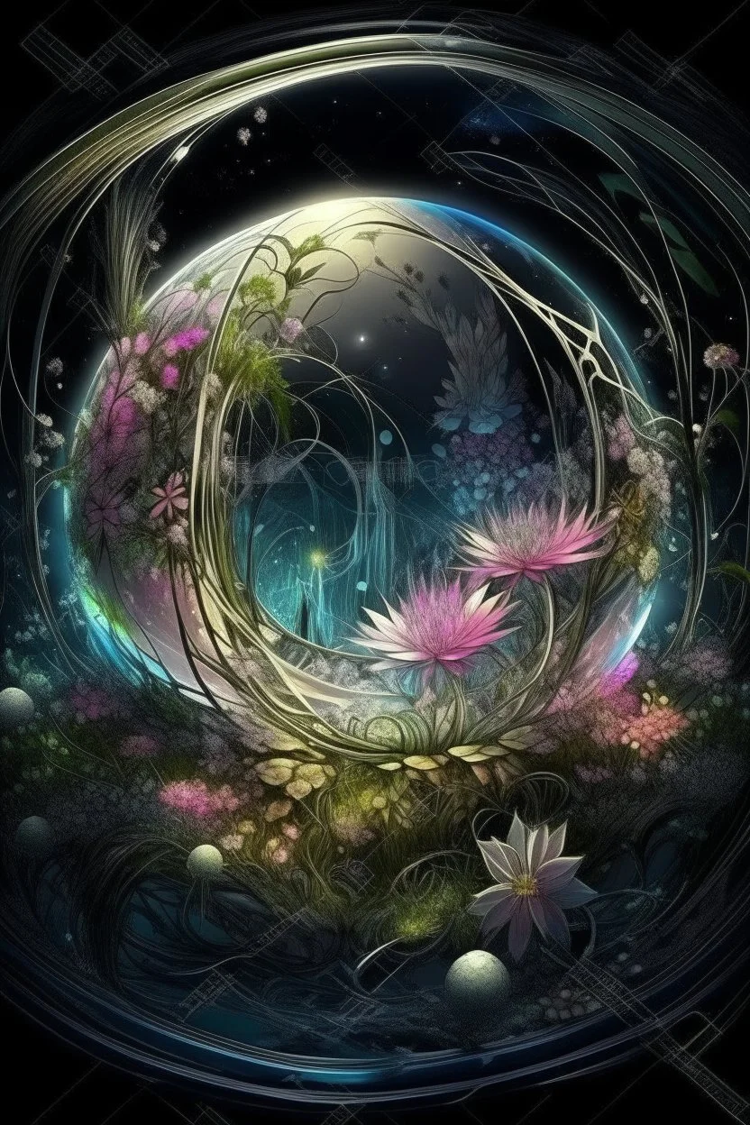 magic Beautiful floral dance, epic, fabulous landscape, 3d, horror, surrealism, careful drawing of details, transparent watercolor, clear contour, heart inside a sphere, stardust, threads, professional photo, incredible landscape, dark botanical, dark fantasy, silver, black, gold, blue, white, light green, pink, lilac, neon, detailed, fibers, engraving, color illustration, star map, comet, moon, fantastic flowers