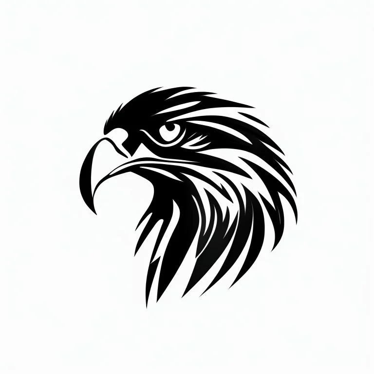 A simple black logo of an eagle, vectorized, white background