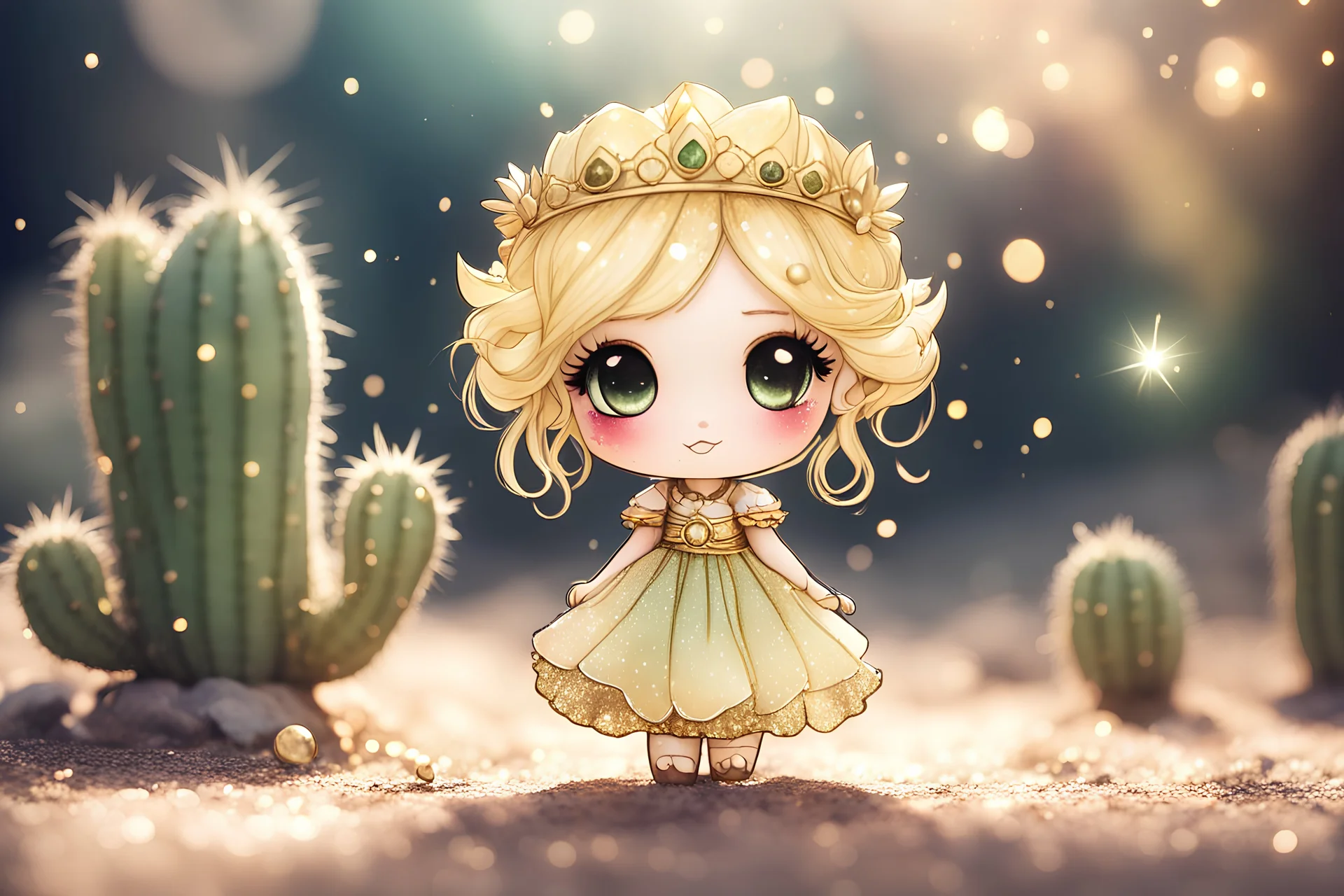 cute chibi cacti princess in sunshine, watercolor and black ink outlines, sparkling golden glitter, ethereal, cinematic postprocessing, bokeh, dof