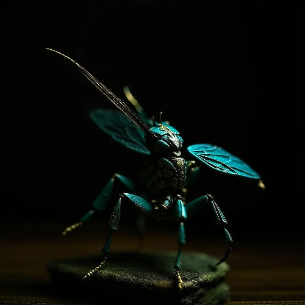 A dark teal lightning elemental hornet designed in Javanese shadow puppets painted by Guo Xi