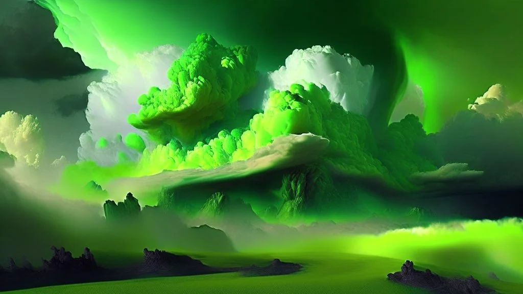 Phantasy landscape with dramatic cloud in peridot color