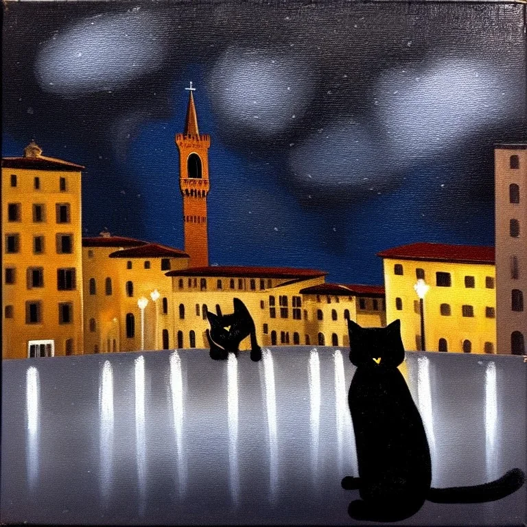 Old oil painting of a very dark square in Florence in a stormy night. A cathedral in the background. A black cat is sitting in the snow.