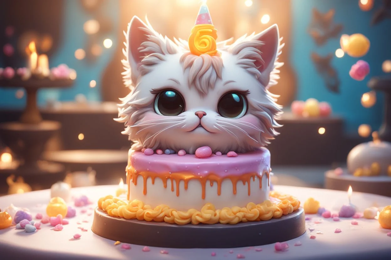 cute fluffy chibi cat birthday cake in sunshine Weight:1 detailed matte painting, deep color, fantastical, intricate detail, splash screen, complementary colors, fantasy concept art, 8k resolution trending on Artstation Unreal Engine 5 Weight:0.9