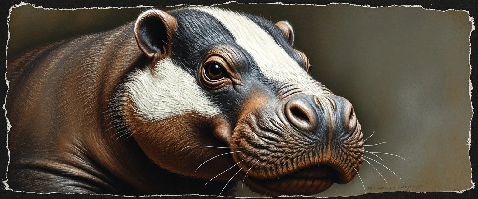 airbrush and pen outline, close up on hippo badger , pinhole cam, airbrush 3d rendering, in the style of Titian and Rembrandt , torn edges on border