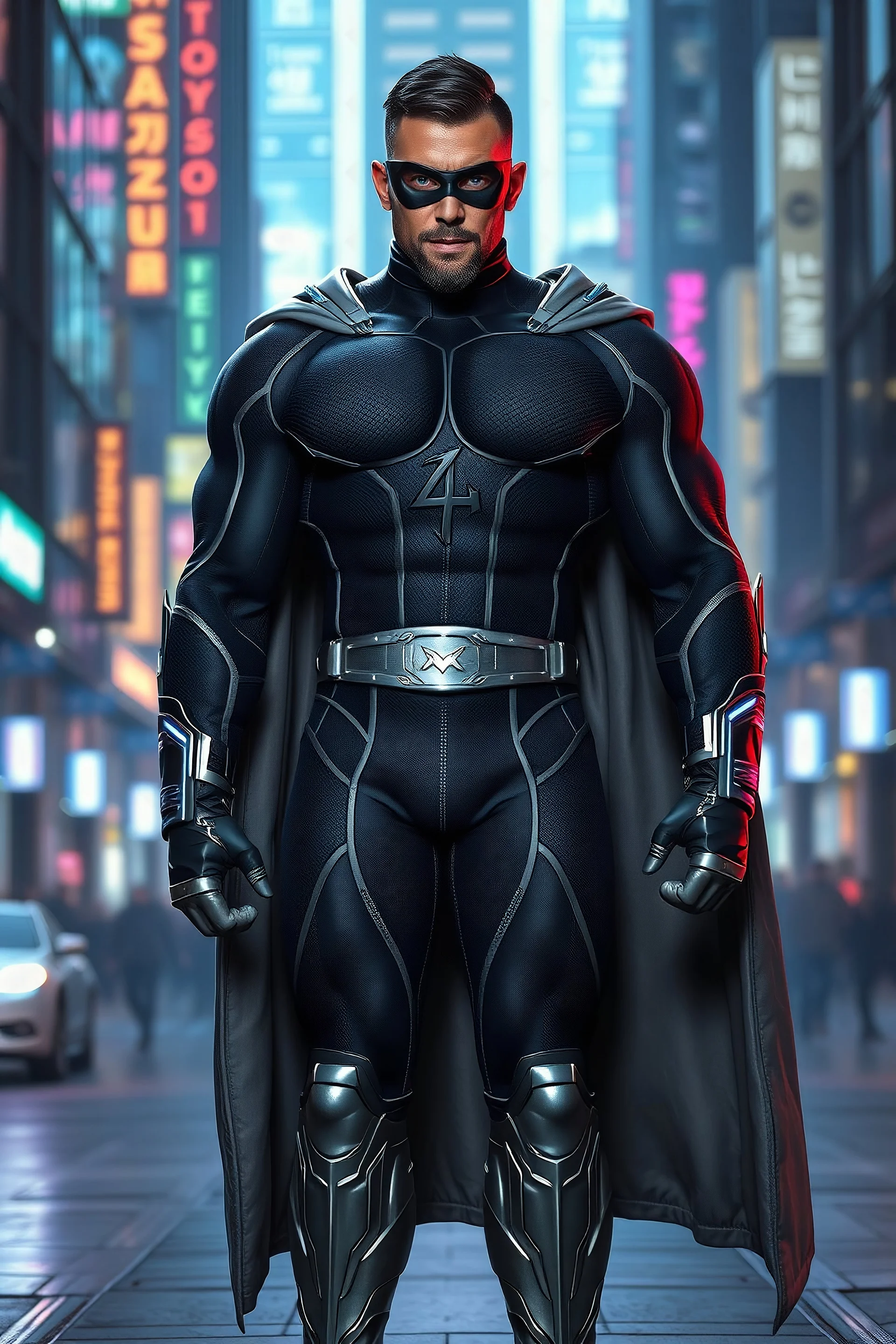 A giant, muscular man with extra-short, crew cut, black hair, blue eyes, short, trimmed goatee, standing stoically on the street in the neon lit, futuristic City of Xanadu prime, wearing a long-sleeved, highly textured, black body suit with gray piping that forms to his muscular frame, he has a silver lightning belt, silver wrist gauntlets, silver, knee-high boots, gray cape, he has the symbol of Xanadu Prime on his chest, and a thin black leather bandit eye mask