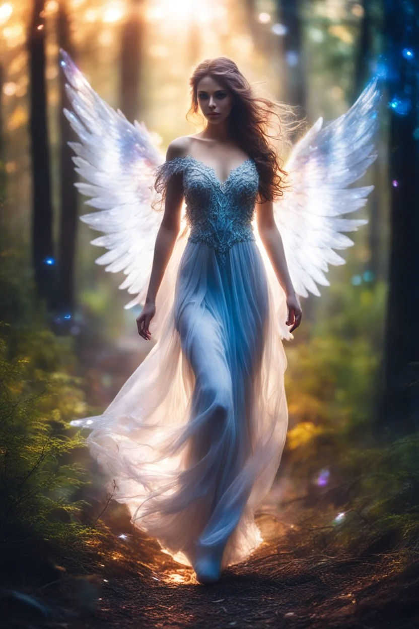 Beautiful Angel in Magical Forest full of lights colors, Photography Art Photoshoot Art Cinematic Soft Blur Colors - on Running Dramatic Pose