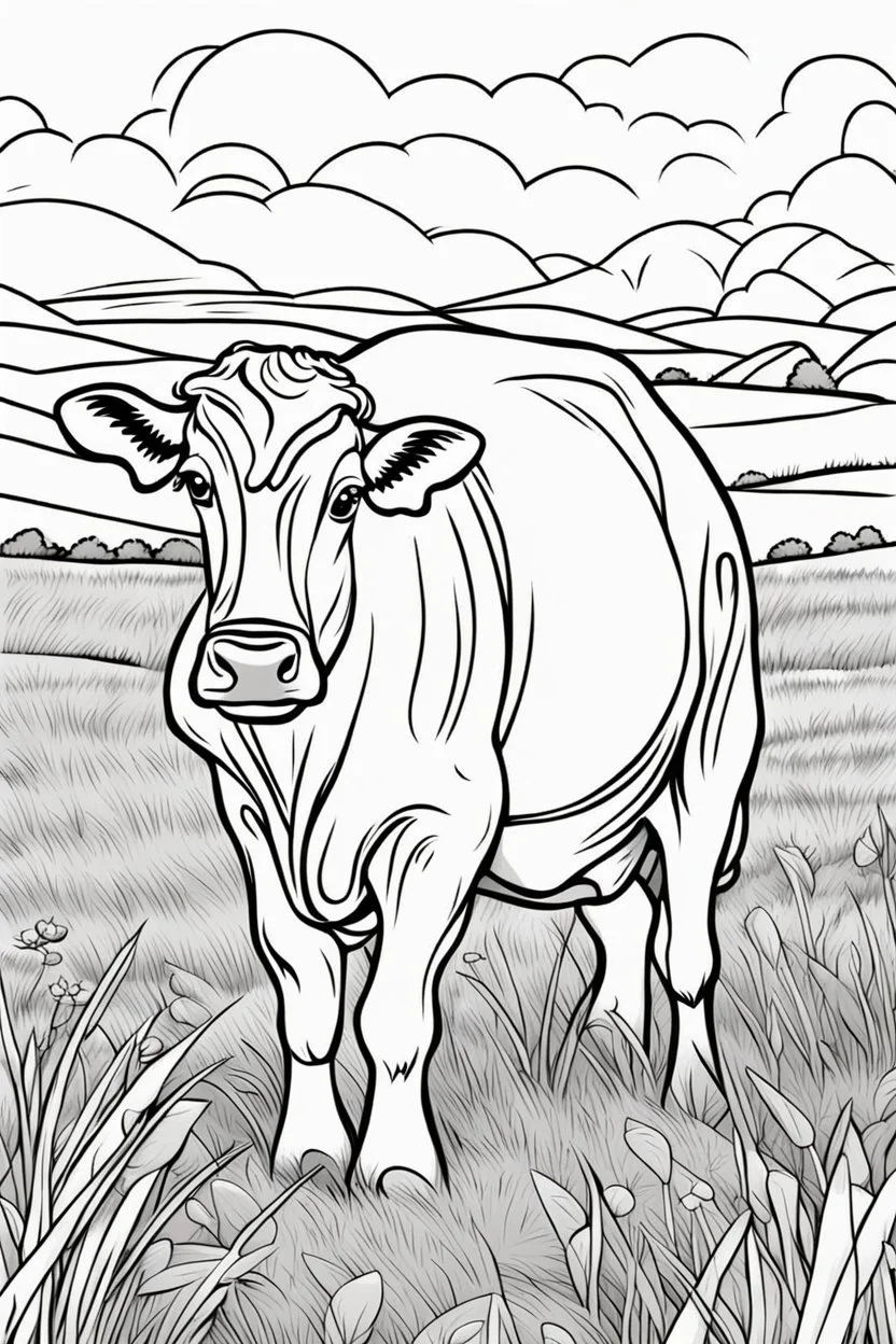 coloring page, cow in a grassy meadow, cartoon style, thick lines, low detail, no shading