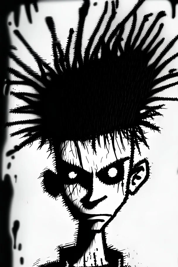 2d portrait drawing of a stickman, cool with punk hair, x eyes like hangman, close-up