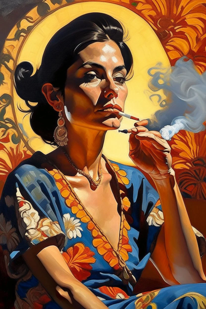 mexican woman smoking painting neoclassism whole body zoom the sun