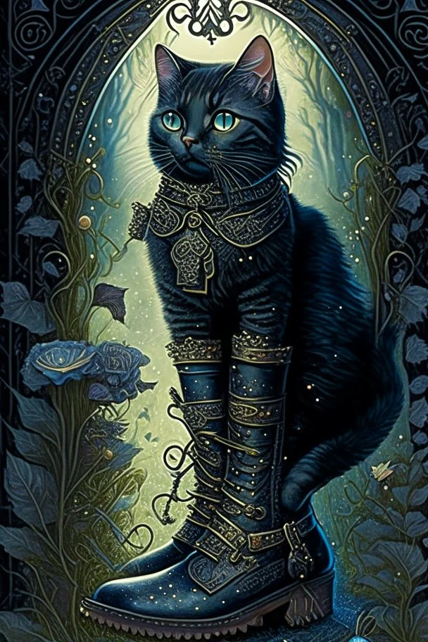 dark fantasy, intricate cover, a whimsical fairytale with a cat wearing boots on its hindlegs