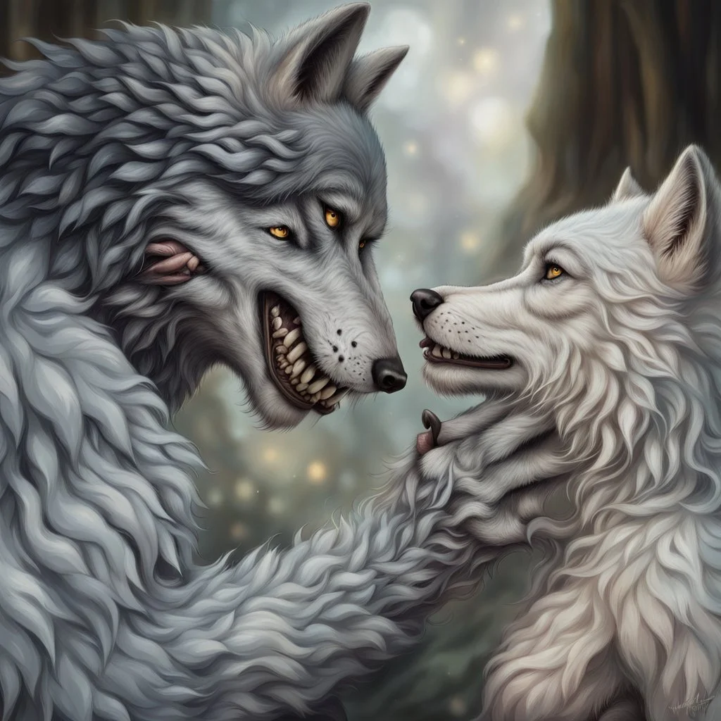 the anthropomorphic gray hairy body wolfman name Teo, holds between his paws the anthropomorphic pale hairy body wolfwoman's face , they look at each other lovingly, blur background, high detalied, realistic, sci-fi and fantasy mood