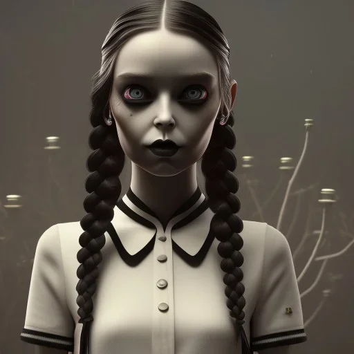 Wednesday Addams, Wednesday with braids standing with her arms crossed, dark, hyper detail, octane render, unreal engine 5, photorealistic, 8k resulation