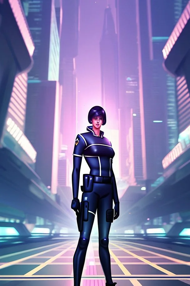 full body picture of a policewoman, futuristic city background