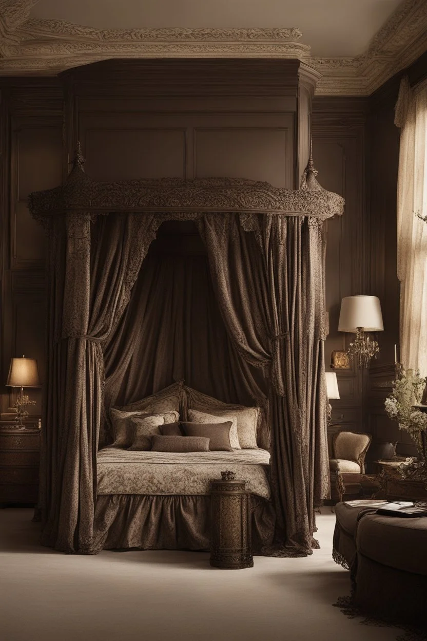 Beautiful ornate four post canopy bed in a dark colored bedroom, victorian