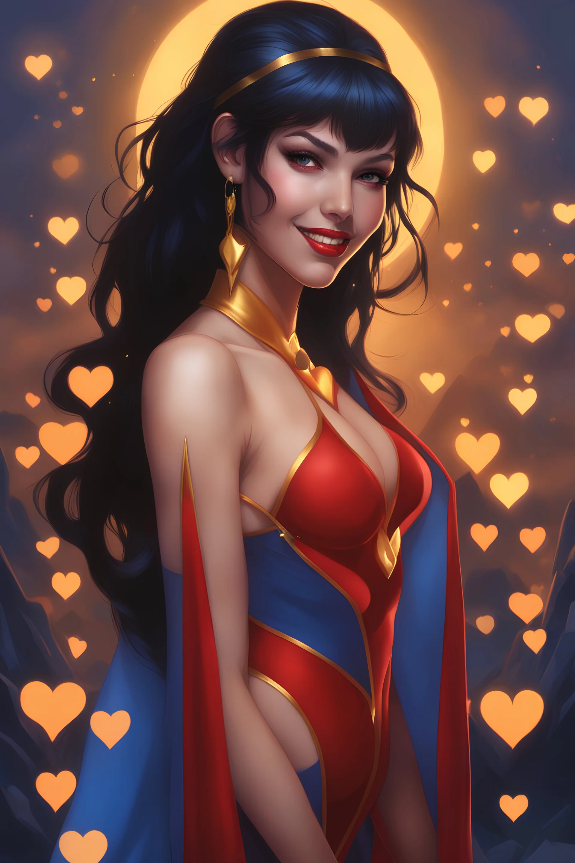 3D Bubbles, 3D Hearts, fog, clouds, somber, ghostly mountain peaks, a flowing river of electric water, fireflies, a close-up, facial portrait of a totally gorgeous Vampirella, with Long Black hair, cobalt blue eyes, smiling a big bright happy smile, wearing a red sling suit with a gold/yellow bat emblem on the lower stomach area, and black boots, in the art style of Frank Frazetta the funeral of the dead