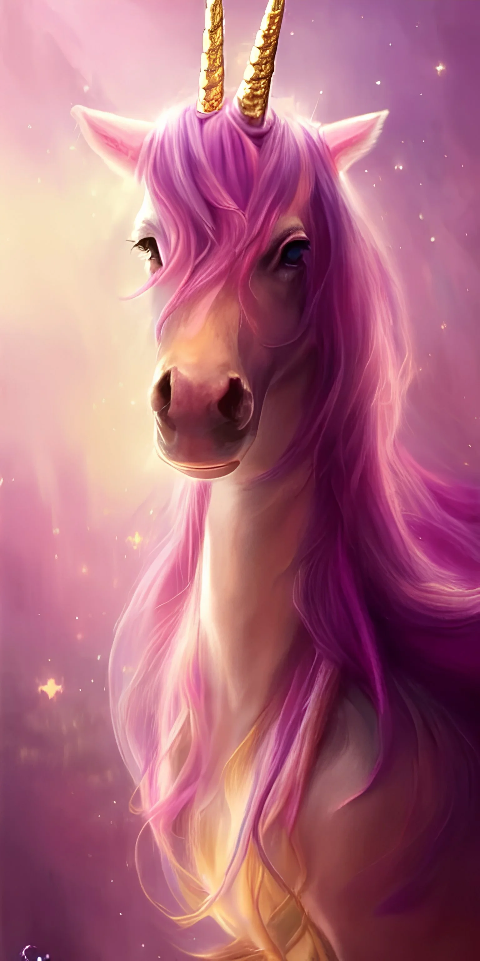 beautiful princess Unicorn in gold and purple pink soft lighting, symmetrical portrait, high quality, cinematic by WLOP and Rossdraws, concept art of the character. Epic composition, hyperrealism, award-winning artwork, realistic hair, artstation trend, high quality printing, fine art with subtle redshift rendering