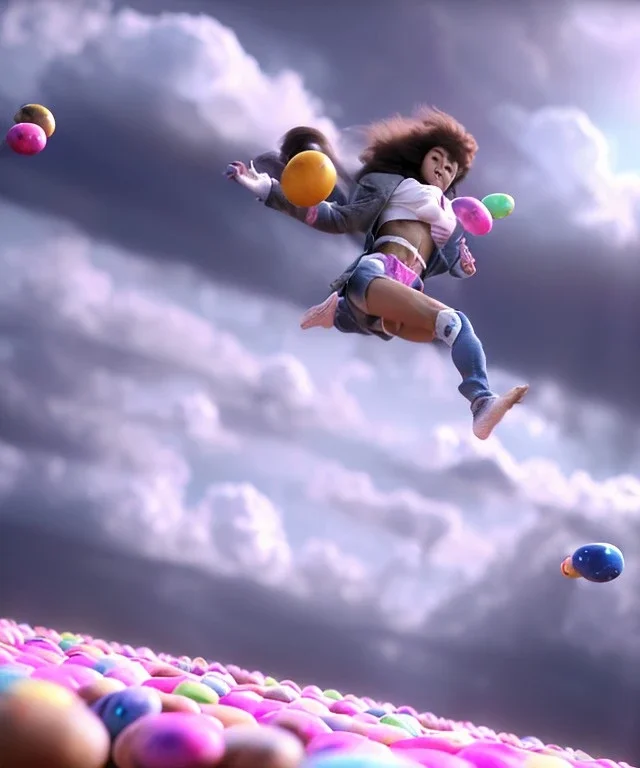 Ultra realistic speed clouds sky scene, wide angle view, strong men falling down with many Childs, circus clothing style, feather color clothing, free jumping flying, many trinkets, hair monster, many jelly beans, balls, color smoke, smile, happy, extreme, wind, clouds sea, 20,000 feet altitude, stratosphere, soft color, highly detailed, unreal engine 5, ray tracing, RTX, lumen lighting, ultra detail, volumetric lighting, 3d, finely drawn, high definition, high resolution.