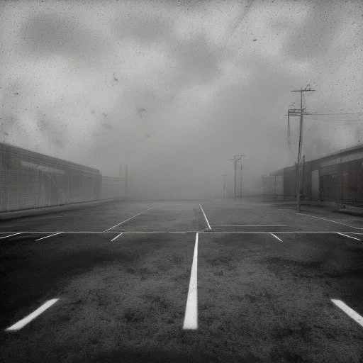 An empty carpark on a misty day. Telegraph poles and wires. Muted tones. Tilted horizon. With blotches, blurry areas and lens noise and grain. Hyper realistic Photo 4k