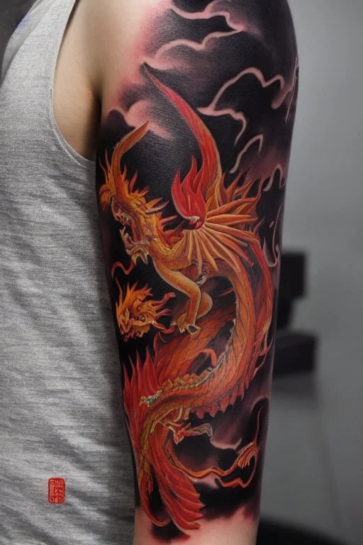 Realistic beautiful phoenix rising from flames, rainbow color scheme,  detailed feathers tattoo on Craiyon