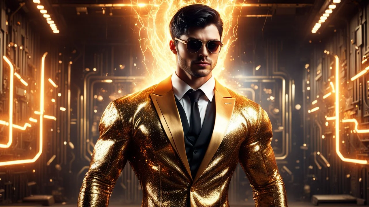 Hyper Realistic handsome muscular Electric-Superhero with short-black-hair wearing long-fancy-golden-tuxedo & fancy-sunglasses in a dark-rustic-circuit-room with electric-sparks-&-rays & a massive circuit-board-wall with-glowing-embers showing dramatic & cinematic ambiance.