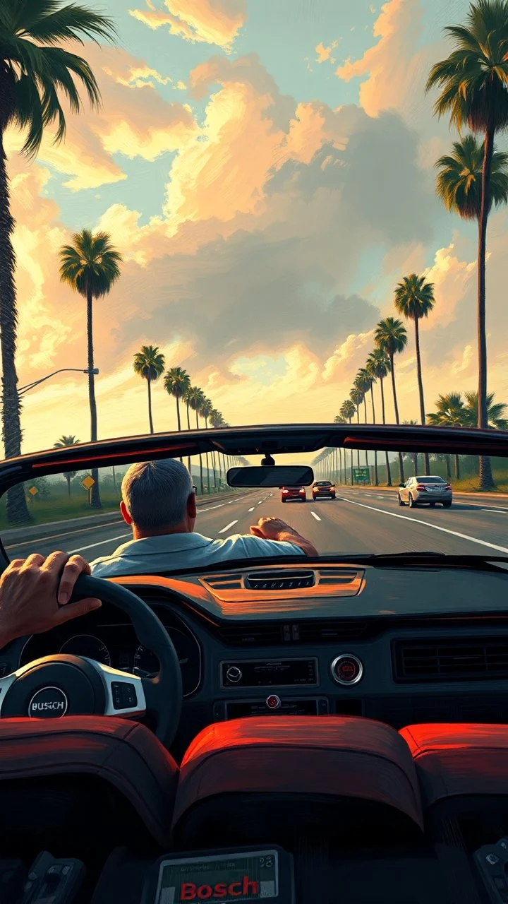 Bosch painting style nightmare in 3D , a man driving a Mustang Gt Convertible on LA free way background, high Quality picture , 8k