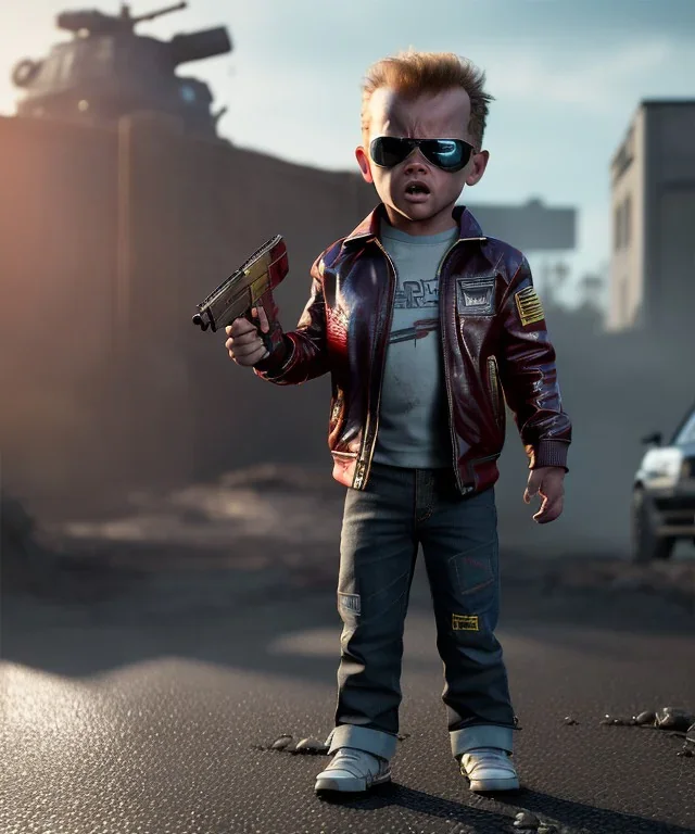 The Terminator toddler, shotgun, full body, dramatic lighting, angry, hyper realistic