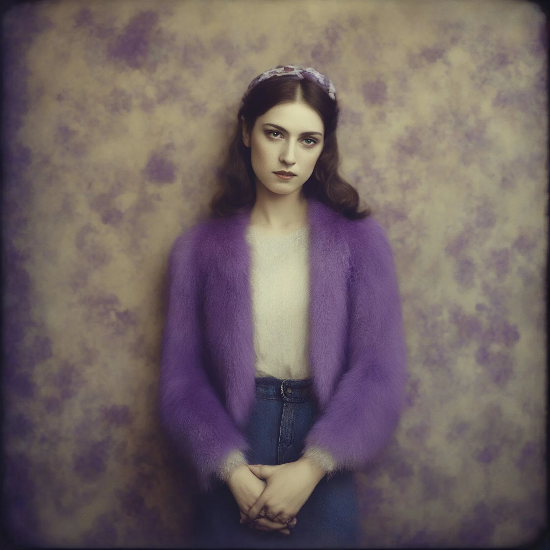 La callas,Hippie girl, jeans, purple fur, striped wallpaper, old autochrome