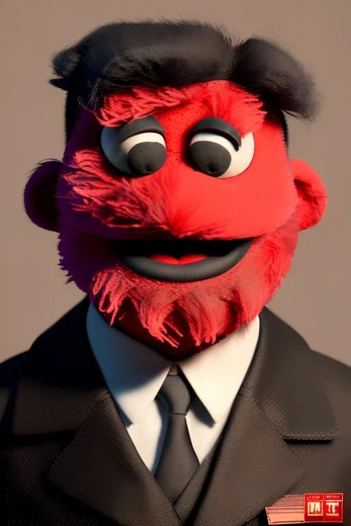 Waist up muppet Portrait, Kim Jong-un muppet doll, black suit, photo studio, red background, unreal engine 5, concept art, art station, god lights, ray tracing, RTX, lumen lighting, ultra detail, volumetric lighting, 3d.