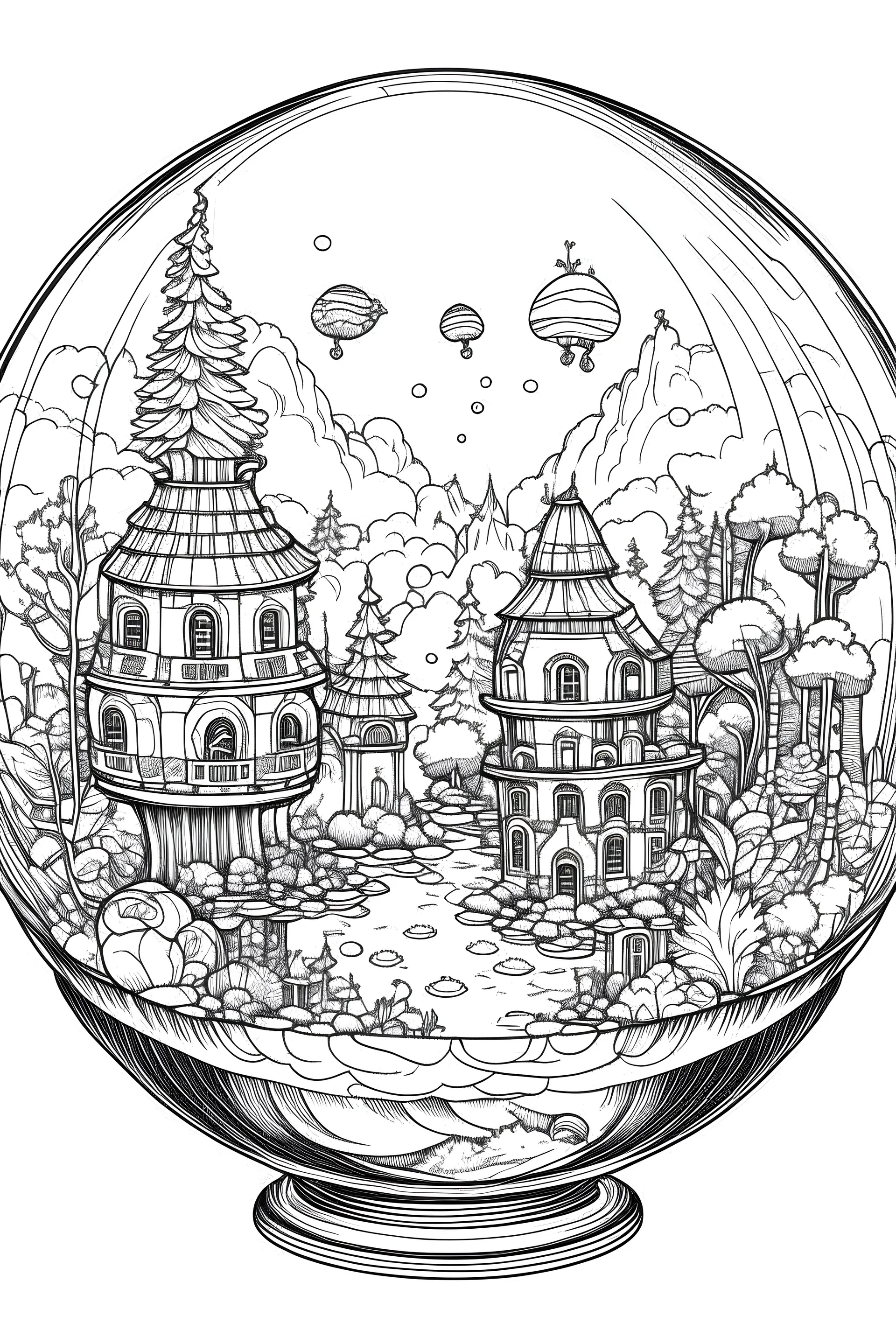 The image is designed to be easily colored about Tiny World in Glass, detailed, white background, with bold black outlines and a simplistic style that lends itself perfectly to coloring.