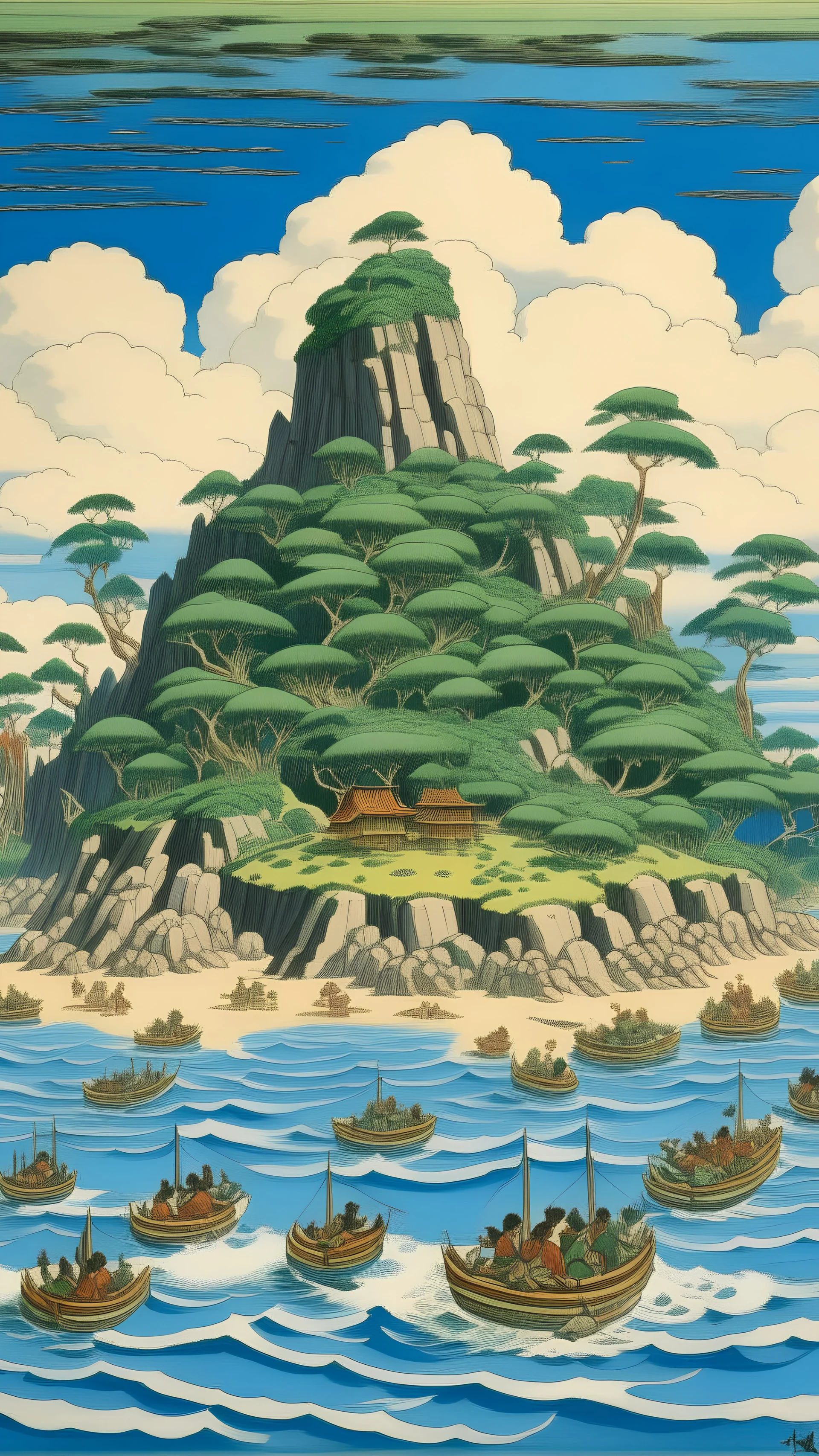 An island filled with tikis painted by Katsushika Hokusai