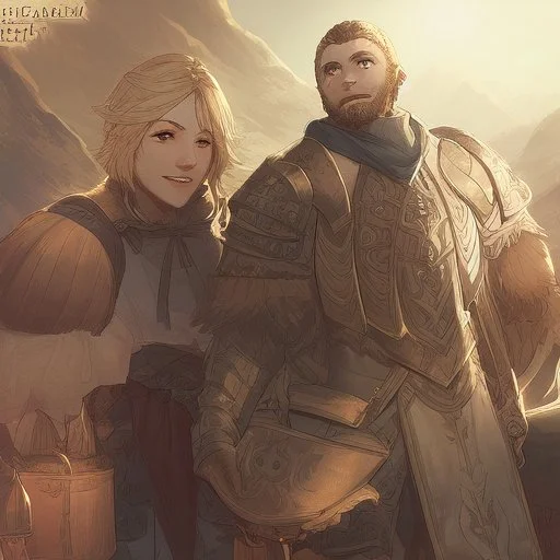 A nord male battlemage from Skyrim, full plate nordic armor, blond hair of medium length, hearty, smiling, thick short beard