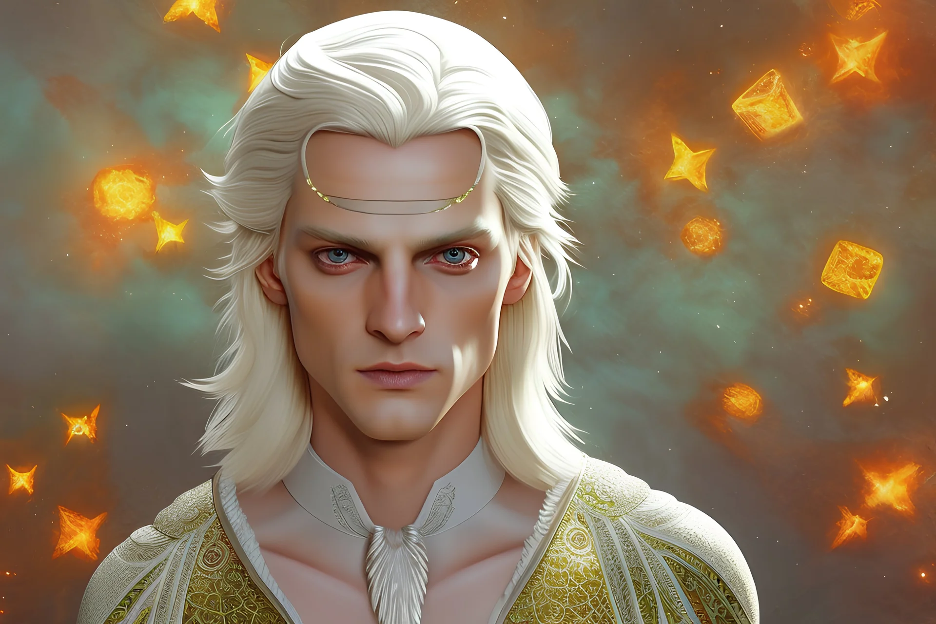 Photorealistic handsome man with shoulder length white hair and amber eyes in a Victorian suit surrounded by psychedelic mandalas, prisms, and patterns in a 3D digital art style