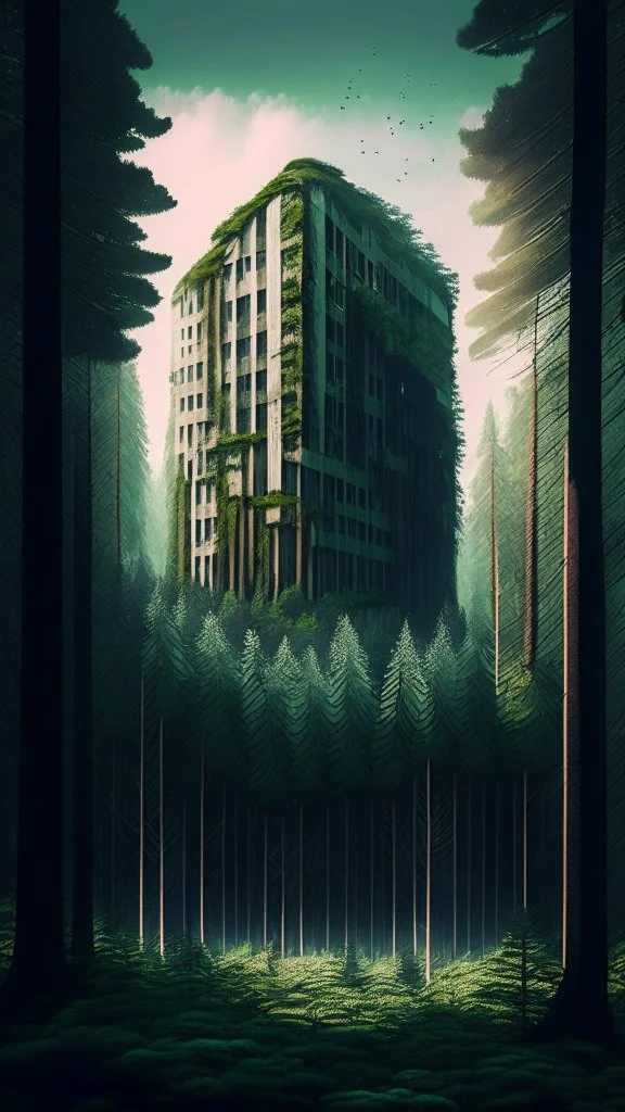 forest landscape looking at huge building