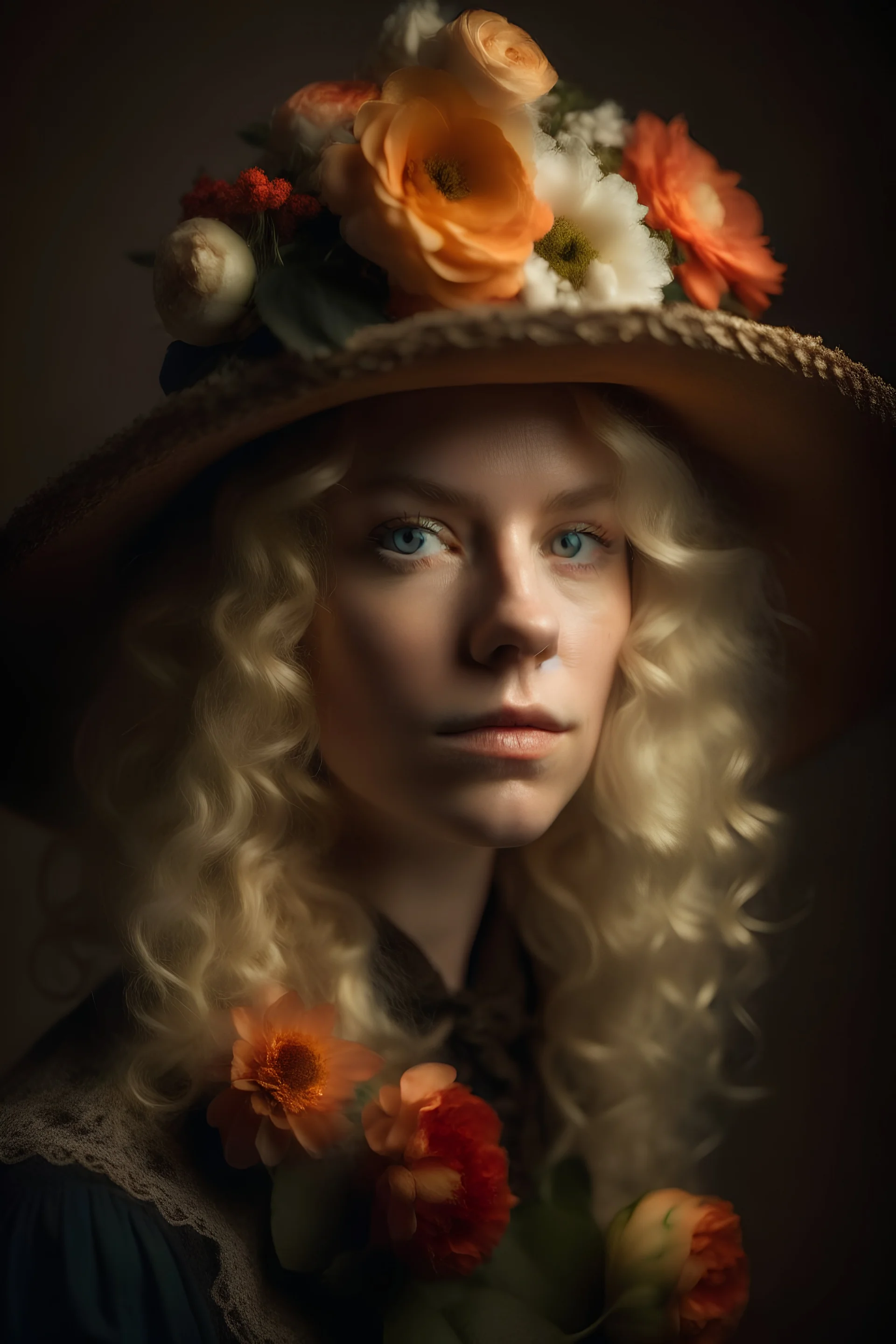 Porträt Frau mit Blonden Locken und Hut Mit Blumen