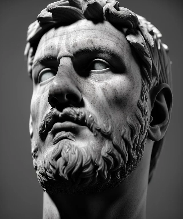 Ultra Realistic image, roman sculpture, marble deluxe material, Lionel Messi, Laurel leaves crown model, miguel angel style, chisel style, emperador, waist up portrait, cinematic lighting, God light, god rays, 4k resolution, smooth details, ornate details, soft lighting, unreal engine 5, soft cyan background.