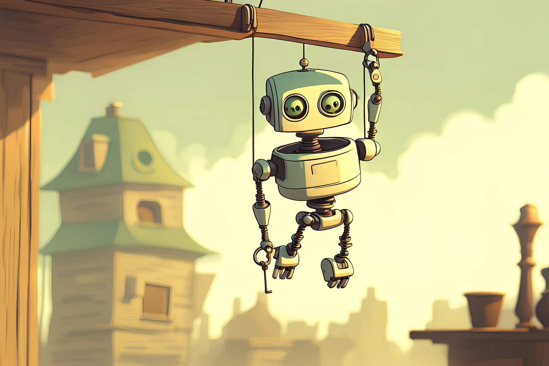 a robot hanging an old balance, style pixar