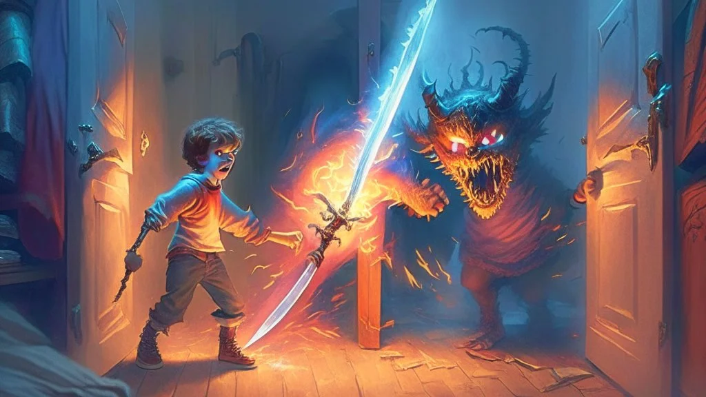 boy fends off the evil monster that came out of his closet with a magical firebrand 2 handed sword