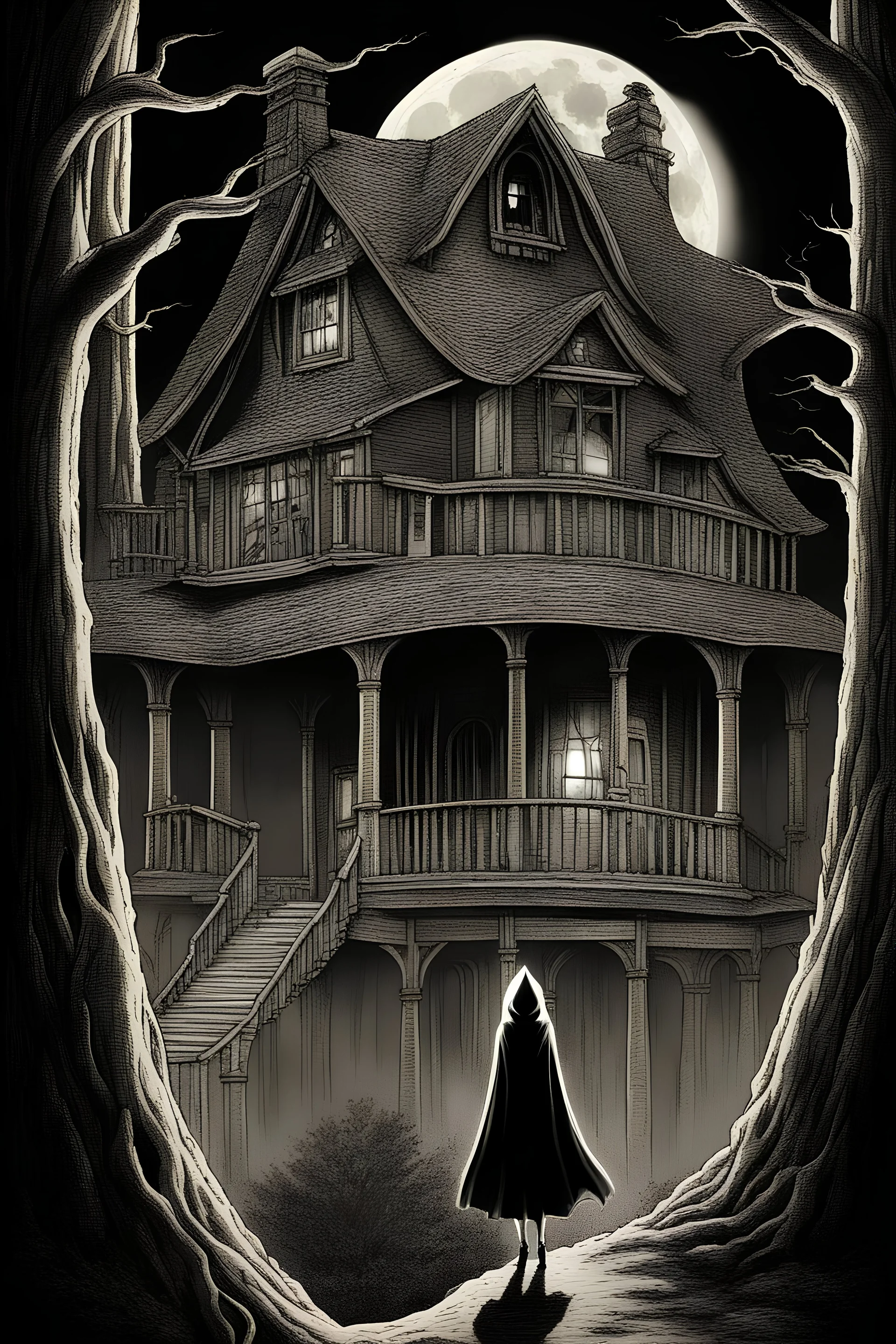 surrealist, black and white, obscured by dense forest fog, superbig full moon, moon is a center of image, tim burton character, exagerated, cartoon house, several floors, tim burton proportions, woman with cape and hood, woman stand up on spiral rock, background old house, high house more rooms, backlight, sad, high house several rooms, wood old house, a superfullmoon, house upper circle mountain, ambient fog, distorsion, fantasy