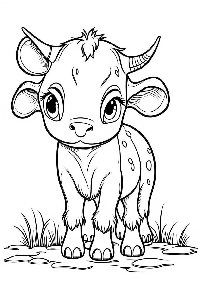 cute coloring page, sketch style, cute baby cow in the farm, cute cartoon, white and black, withe background, no shadows, outline.