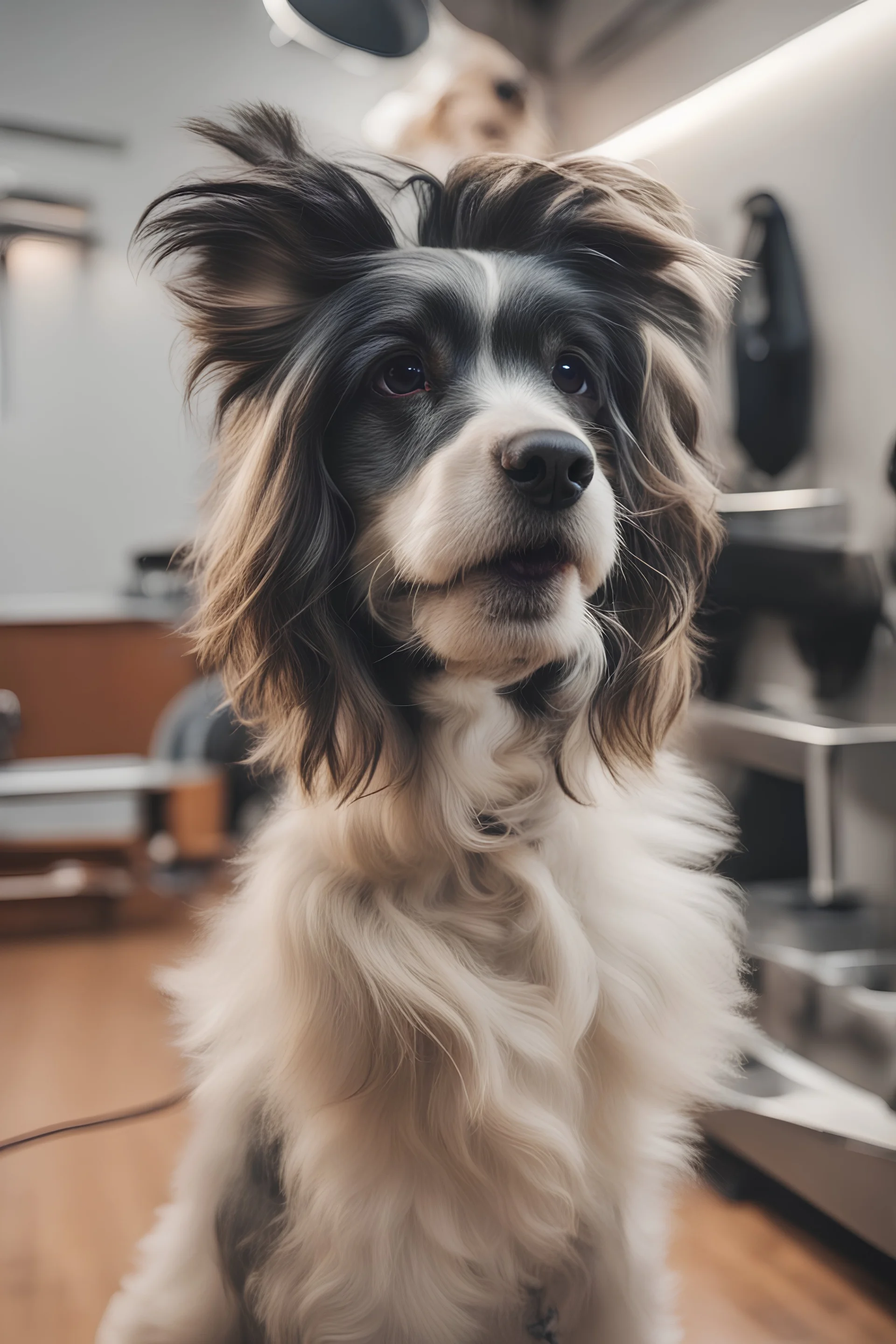 a dog doing his hair cut in the space