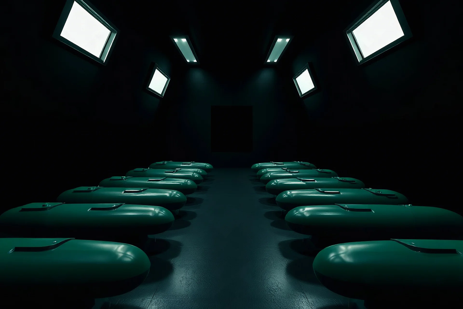 huge dark room with 10 very dark dull mat hunter green solid metal vitrification rectangular shaped 8 foot long capsule laying prone in 2 row s with an empty isle in between with window on top black background capsules have a small button panel on side and they has 3' tall bases beneath them point of view is from the top at an angle