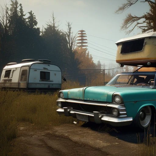 happy cute model sitting on roof of a caravan, wreckfest, spectacular graphics, unreal, road, bridge, fallout 4, mutant cow