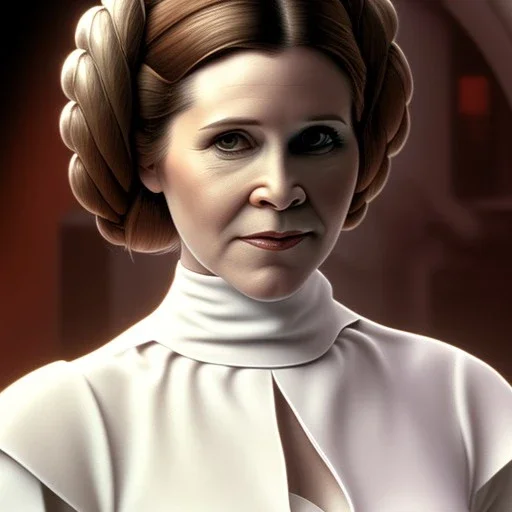 extremely detailed 8k hyperspace wallpaper,complete and photo realistic detailed head to waist stunning photo realistic portrait of carrie fisher as Princess Leia in star wars with photo realistic fine, simple and symetric haircut, brown eyes, professional majestic photo realistic painting by Ed Blinkey, Atey Ghailan, by Jeremy Mann, Greg Manchess, Antonio Moro, trending on ArtStation, Intricate, High Detail, Sharp focus, dramatic, by greg rutkowski, realism, beautiful and detailed lighting,